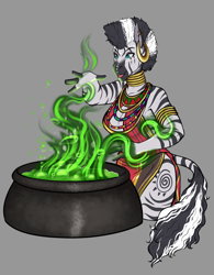 Size: 3274x4200 | Tagged: safe, artist:blackblood-queen, zecora, anthro, zebra, bracelet, breasts, cauldron, clothes, digital art, ear piercing, earring, face paint, female, gray background, jewelry, mare, neck rings, open mouth, piercing, side slit, simple background, smiling, solo, tail, ze-bra buster