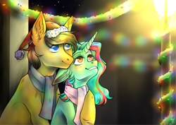 Size: 3065x2167 | Tagged: safe, artist:cappifilk, derpibooru import, oc, oc:figure eight, earth pony, unicorn, christmas, clothes, golden eyes, holiday, scarf