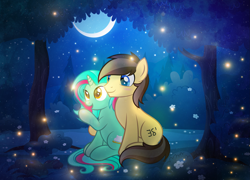 Size: 2697x1941 | Tagged: safe, artist:rish_loo, derpibooru import, oc, oc only, oc:figure eight, earth pony, firefly (insect), insect, pony, unicorn, blue eyes, flower, forest, golden eyes, moon, tree