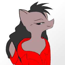 Size: 512x512 | Tagged: safe, artist:kody wiremane, derpibooru import, oc, oc only, oc:blackie wiremane, earth pony, pony, semi-anthro, adult, arm hooves, avatar, bangs, bedroom eyes, clothes, dark hair, dark mane, dark skin, fang out, girly, girly stallion, gradient background, hair flip (action), lip bite, long hair, long hair male, long mane, long mane male, male, off shoulder, raised eyebrow, red clothes, simple coloring, smiling, smiling at you, solo, stallion, waving