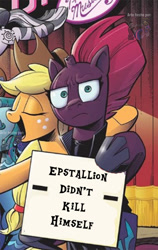 Size: 581x921 | Tagged: safe, derpibooru import, edit, idw, applejack, tempest shadow, earth pony, pony, unicorn, spoiler:comic, :i, applejack's hat, epstein didn't kill himself, exploitable meme, eye scar, eyes closed, female, freckles, frown, looking at you, mare, meme, open mouth, tempest shadow's sign, text