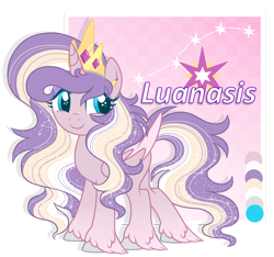 Size: 1280x1199 | Tagged: safe, artist:blazenly-obvious, artist:lazuli, derpibooru import, oc, oc only, oc:luanasis, alicorn, pony, alicorn oc, base used, color palette, crown, ear piercing, earring, ethereal mane, female, horn, jewelry, magical lesbian spawn, offspring, parent:sunset shimmer, parent:twilight sparkle, parents:sunsetsparkle, piercing, princess, regalia, simple background, smiling, solo, starry mane, transparent background, unshorn fetlocks, wings