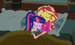 Size: 1169x717 | Tagged: safe, artist:jcpreactyt, derpibooru import, sci-twi, sunset shimmer, twilight sparkle, better together, equestria girls, bed, bedroom, bedroom eyes, female, glasses, lesbian, night, pillow, pony pile, room, scitwishimmer, shipping, sleeping, sunsetsparkle, window