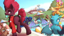 Size: 6000x3375 | Tagged: safe, artist:ohemo, derpibooru import, cinder glow, fizzlepop berrytwist, fluttershy, gallus, princess celestia, princess ember, princess luna, rainbow dash, smolder, spike, summer flare, tempest shadow, alicorn, dragon, griffon, kirin, pegasus, pony, unicorn, absurd resolution, beach ball, broken horn, butt, clothes, dragoness, eating, eyes on the prize, female, food, frog (hoof), group, horn, lifeguard, male, mare, mouth hold, plot, pool party, popsicle, raised hoof, raised leg, royal sisters, sisters, smiling, swimming pool, swimsuit, underhoof, water, water slide, watermelon, whistle