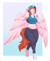 Size: 1677x2031 | Tagged: safe, artist:tragicfame, derpibooru import, oc, oc only, oc:weathervane, anthro, pegasus, unguligrade anthro, belly button, breasts, cleavage, clothes, commission, digital art, eyes closed, female, headphones, simple background, smiling, solo, sports bra, tail, wings