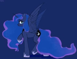 Size: 1280x984 | Tagged: safe, artist:laymyy, derpibooru import, princess luna, alicorn, pony, blue background, butt, female, looking at you, mare, moonbutt, simple background, solo