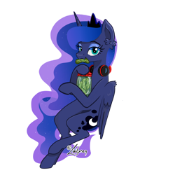 Size: 1024x1024 | Tagged: safe, artist:lailyren, derpibooru import, princess luna, alicorn, pony, eating, female, food, headphones, jar, lidded eyes, mare, pickle, signature, simple background, solo, transparent background