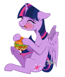 Size: 1024x1207 | Tagged: safe, artist:lailyren, derpibooru import, twilight sparkle, twilight sparkle (alicorn), alicorn, blushing, burger, crying, cute, eating, eyes closed, food, hay burger, ketchup, lettuce, majestic as fuck, messy eating, onion, sauce, simple background, solo, tears of joy, tomato, transparent background, twiabetes, twilight burgkle