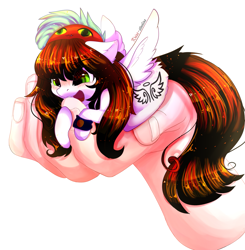 Size: 2197x2243 | Tagged: safe, artist:1fresita, derpibooru import, oc, oc only, oc:elizabeth, human, pegasus, pony, female, hand, in goliath's palm, mare, micro, simple background, solo, white background