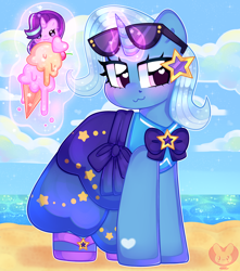 Size: 2656x3000 | Tagged: safe, artist:bunxl, derpibooru import, starlight glimmer, trixie, pony, unicorn, better together, equestria girls, forgotten friendship, beach, blushing, equestria girls outfit, food, high res, ice cream, ice cream cone, magic, magic aura, sunglasses