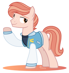 Size: 1416x1492 | Tagged: safe, artist:strawberry-spritz, derpibooru import, oc, earth pony, pony, clothes, jacket, magical lesbian spawn, male, offspring, parent:applejack, parent:rarity, parents:rarijack, simple background, solo, stallion, transparent background