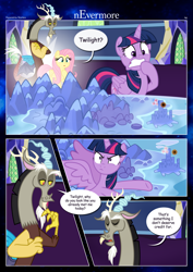 Size: 3259x4607 | Tagged: safe, artist:estories, derpibooru import, discord, twilight sparkle, alicorn, draconequus, pegasus, comic:nevermore, comic, cutie map, speech bubble