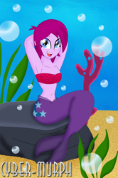 Size: 1404x2120 | Tagged: safe, artist:cyber-murph, derpibooru import, fuchsia blush, mermaid, equestria girls, rainbow rocks, arm behind head, background human, belly, belly button, bellyring, bikini, bubble, clothes, coral, fish scales, mermaidized, piercing, rock, scales, seaweed, short hair, signature, sitting, species swap, swimsuit, underwater