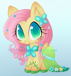Size: 1540x1653 | Tagged: safe, artist:bunnini, derpibooru import, fluttershy, pegasus, pony, chibi, clothes, colored pupils, cute, dress, female, gala dress, gradient background, looking at you, mare, shyabetes, solo, watermark