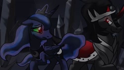 Size: 1024x576 | Tagged: safe, artist:thewolfpack15, derpibooru import, king sombra, princess luna, alicorn, pony, unicorn, armor, bevor, cape, chestplate, clothes, corrupted, corrupted luna, crown, crystal, crystal empire, curved horn, dark, dark crystal, dark luna, dark magic, dark princess, darkness, darkuna, duo, female, glowing eyes, gorget, grin, helmet, horn, implied lumbra, implied shipping, jewelry, magic, male, mare, necklace, peytral, possessed, possessed luna, possession, possessive, regalia, robe, shipping, smiling, smug, sombra empire, sombra eyes, sombra's cape, sombra's robe, stallion, straight, tiara, tyrant luna