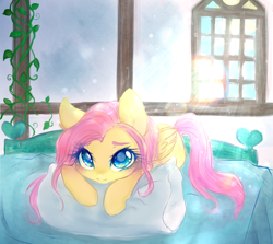 Size: 2000x1782 | Tagged: safe, artist:bunnini, derpibooru import, fluttershy, pegasus, pony, bed, cute, female, looking at you, lying down, mare, morning ponies, pillow, prone, shyabetes, smiling, solo