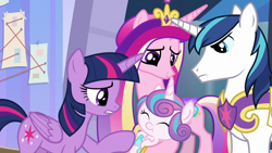 Size: 1920x1080 | Tagged: safe, derpibooru import, screencap, princess cadance, princess flurry heart, shining armor, twilight sparkle, twilight sparkle (alicorn), alicorn, pony, unicorn, the ending of the end