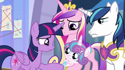 Size: 1920x1080 | Tagged: safe, derpibooru import, screencap, princess cadance, princess flurry heart, shining armor, twilight sparkle, twilight sparkle (alicorn), alicorn, pony, unicorn, the ending of the end