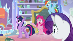 Size: 1920x1080 | Tagged: safe, derpibooru import, screencap, pinkie pie, rainbow dash, rarity, twilight sparkle, twilight sparkle (alicorn), alicorn, earth pony, pegasus, pony, unicorn, the ending of the end, book, chalkboard, floppy ears