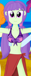 Size: 1658x4063 | Tagged: safe, artist:cyber-murph, derpibooru import, mystery mint, starlight, equestria girls, arm behind back, background human, beach, belly button, bikini, breasts, busty starlight, cleavage, clothes, cropped, female, midriff, sarong, solo focus, swimsuit