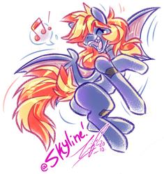 Size: 900x959 | Tagged: safe, artist:carnival, derpibooru import, oc, oc:skyline, bat pony, bat pony oc, bat wings, butt, fangs, female, flying, music notes, plot, solo, wings