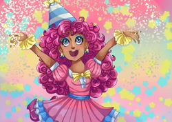 Size: 800x566 | Tagged: safe, artist:theladysknight, derpibooru import, pinkie pie, human, alternate hairstyle, clothes, confetti, dark skin, dress, ear piercing, earring, eyeshadow, female, hat, human coloration, humanized, jewelry, makeup, open mouth, party hat, piercing, solo