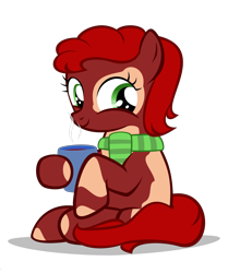 Size: 3900x4660 | Tagged: safe, artist:strategypony, derpibooru import, oc, oc only, oc:chocolate belle, clothes, cup, female, filly, scarf, simple background, sitting, transparent background, younger
