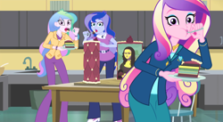 Size: 1488x814 | Tagged: safe, derpibooru import, screencap, dean cadance, princess cadance, princess celestia, princess luna, principal celestia, vice principal luna, acadeca, equestria girls, friendship games, :t, cake, cakelestia, caught, cropped, eating, end credits, female, food, fork, guilty pleasure, looking at you, mona lisa, open mouth, picture, plate, right there in front of me, shocked, spoon, trio, trio female, wide eyes