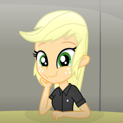 Size: 938x938 | Tagged: safe, artist:grapefruitface1, derpibooru import, applejack, equestria girls, base used, blonde, cute, hands on cheeks, hatless, jackabetes, john deacon, looking at you, missing accessory, queen (band), solo, table