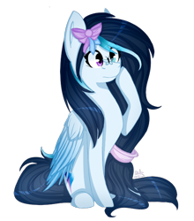 Size: 588x668 | Tagged: safe, artist:ayoarts, derpibooru import, oc, oc only, butterfly, pegasus, pony, bow, female, hair bow, heterochromia, simple background, solo, transparent background