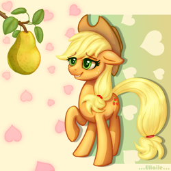 Size: 2000x2000 | Tagged: safe, artist:eltaile, derpibooru import, applejack, earth pony, pony, apple, cowboy hat, female, food, hat, heart, heresy, love, mare, pear, raised hoof, smiling, solo