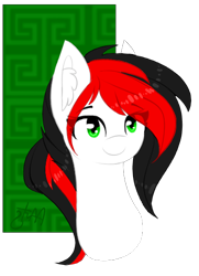 Size: 359x495 | Tagged: safe, artist:ayoarts, derpibooru import, oc, oc only, oc:red brush, pony, abstract background, bust, female, simple background, smiling, solo, transparent background