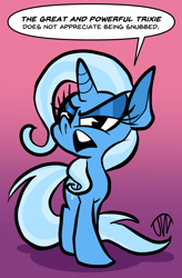 Size: 1050x1603 | Tagged: safe, artist:joeywaggoner, derpibooru import, trixie, pony, unicorn, female, frown, gradient background, looking at you, mare, open mouth, pacman eyes, signature, simple background, solo, speech bubble, talking to viewer, trixie is not amused, unamused