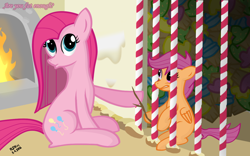 Size: 1280x800 | Tagged: safe, artist:rdksi, derpibooru import, pinkie pie, scootaloo, earth pony, pegasus, pony, candy, female, food, hansel and gretel, implied cannibalism, imprisoned, pinkamena diane pie, twig