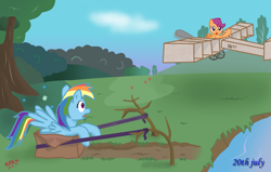 Size: 1363x868 | Tagged: safe, artist:rdksi, derpibooru import, rainbow dash, scootaloo, pegasus, pony, cardboard box, female, plane, slingshot, tongue out