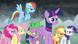 Size: 1920x1080 | Tagged: safe, derpibooru import, screencap, applejack, fluttershy, pinkie pie, rainbow dash, rarity, spike, twilight sparkle, twilight sparkle (alicorn), alicorn, dragon, earth pony, pegasus, pony, unicorn, the ending of the end, alicorn horn, applejack's hat, clothes, cowboy hat, female, flying, hat, high res, horn, male, mane seven, mane six, mare, png, spread wings, unicorn horn, winged spike, wings, wings down, wings extended, worried