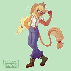 Size: 3000x3000 | Tagged: safe, artist:miffxn, derpibooru import, applejack, human, alternate hairstyle, apple, applejack's hat, belt, boots, clothes, cowboy hat, cutie mark tattoo, dark skin, ear piercing, eared humanization, earring, female, food, freckles, green background, grin, hat, humanized, jeans, jewelry, leonine tail, pants, piercing, shoes, simple background, smiling, solo, suspenders, tailed humanization, tanktop, tattoo