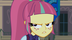 Size: 1920x1080 | Tagged: safe, derpibooru import, screencap, sour sweet, equestria girls, friendship games, bowtie, clothes, crystal prep academy uniform, glare, school uniform, solo, unamused