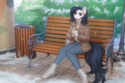 Size: 1499x1000 | Tagged: safe, artist:margony, derpibooru import, oc, oc only, anthro, plantigrade anthro, bench, beverage, christmas, christmas tree, coffee, commission, cup, cute, holiday, lamppost, smiling, snow, solo, trash can, tree, winter