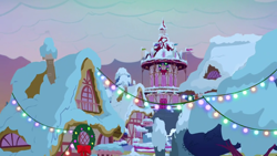 Size: 1280x720 | Tagged: safe, derpibooru import, screencap, a hearth's warming tail, background, christmas wreath, no pony, ponyville, ponyville town hall, scenic ponyville, snow, winter, wreath