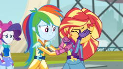 Size: 1920x1080 | Tagged: safe, derpibooru import, screencap, rainbow dash, rarity, sunset shimmer, equestria girls, friendship games, comforting, cropped, facepalm, female