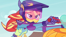 Size: 1920x1080 | Tagged: safe, derpibooru import, screencap, sunset shimmer, equestria girls, friendship games, female, motorcross, motorcross outfit, motorcycle, smiling, smirk, solo