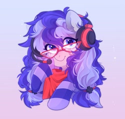 Size: 2036x1938 | Tagged: safe, artist:whiteliar, derpibooru import, oc, oc only, oc:cinnabyte, earth pony, pony, adorkable, bandana, bust, clothes, commission, cute, dork, female, gaming headphones, gaming headset, glasses, headset, looking at you, mare, smiling, socks, solo, striped socks, ych result, your character here