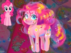 Size: 1080x810 | Tagged: safe, artist:jlouanti, derpibooru import, pinkie pie, earth pony, pony, duo, female, mare, redesign, smiling, tattoo