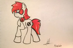 Size: 1080x717 | Tagged: safe, artist:almaustral, derpibooru import, oc, oc only, earth pony, pony, earth pony oc, headphones, raised hoof, signature, solo, sunglasses, traditional art