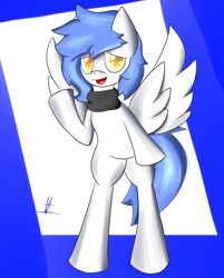 Size: 1440x1789 | Tagged: safe, artist:almaustral, derpibooru import, oc, oc only, pegasus, pony, abstract background, bipedal, clothes, pegasus oc, scarf, signature, solo, waving, wings