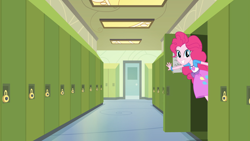 Size: 1920x1080 | Tagged: safe, derpibooru import, screencap, pinkie pie, equestria girls, friendship games, bracelet, canterlot high, clothes, female, hallway, jewelry, lockers, looking at you