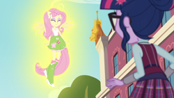 Size: 1920x1080 | Tagged: safe, derpibooru import, screencap, fluttershy, sci-twi, twilight sparkle, equestria girls, friendship games, female, levitation, magic, magic capture device, ponied up, smiling, telekinesis