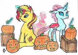 Size: 1624x1149 | Tagged: safe, artist:assertiveshypony, derpibooru import, big macintosh, ocellus, sunset shimmer, changeling, earth pony, pony, unicorn, box, drawing, halloween, holiday, jack-o-lantern, knife, pumpkin, simple background, spoon, traditional art, white background