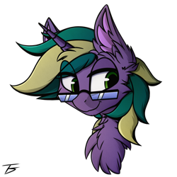 Size: 2000x2000 | Tagged: safe, artist:thefunnysmile, derpibooru import, oc, oc only, oc:pixelated star, pony, unicorn, bust, cheek fluff, chest fluff, ear fluff, fluffy, glasses, green eyes, portrait, simple background, smiling, solo, transparent background